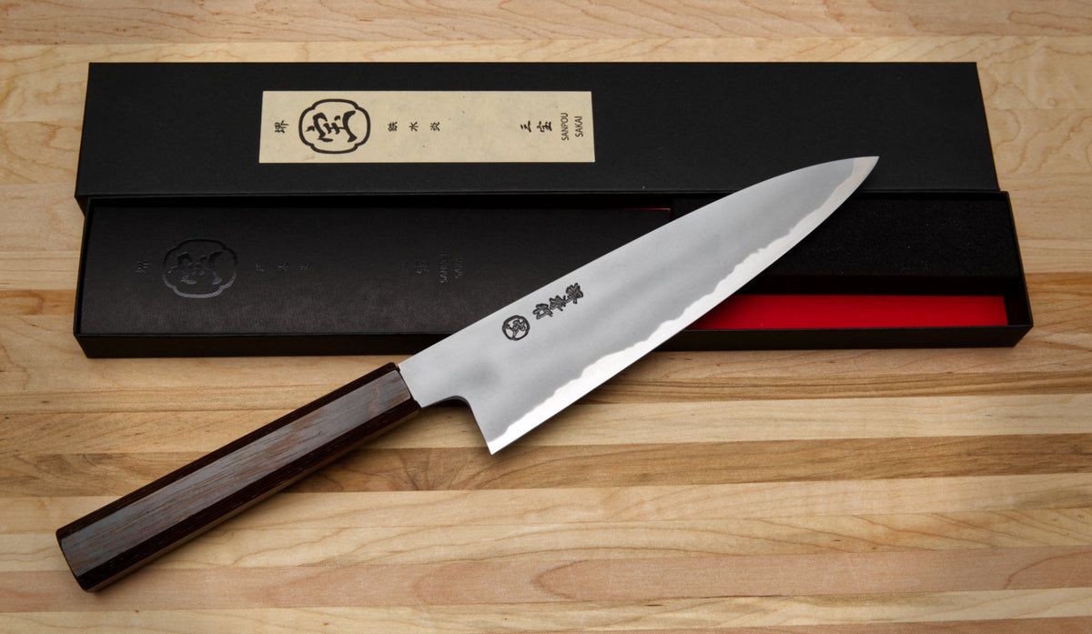 Sakai Takayuki Sanpou Shirogami (White #2) Kasumi Carbon Steel Chef Knife, 210mm (8.3&quot;), box