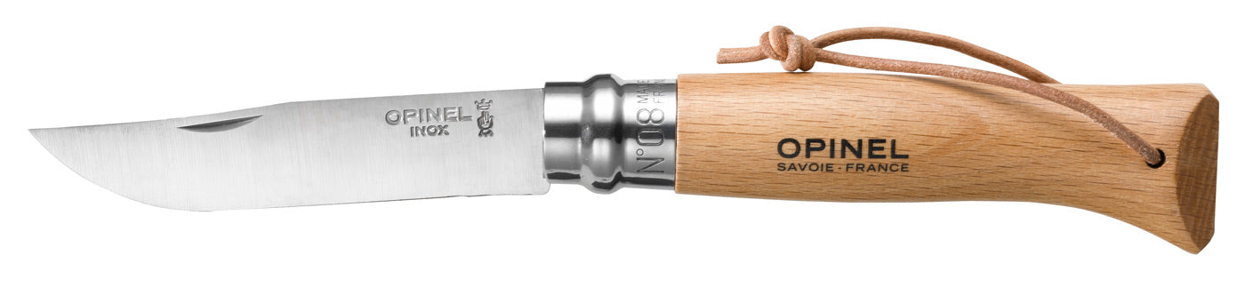 Couteau Opinel Tradition, Manche Hêtre avec Lanière, 8.5cm, Inox, #8